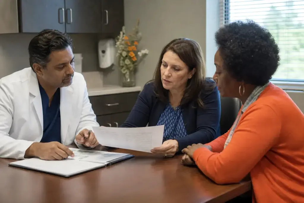 Surgical office team coordinating facility billing documentation