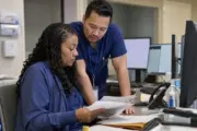 Urgent care staff coordinating front desk and medical billing workflow