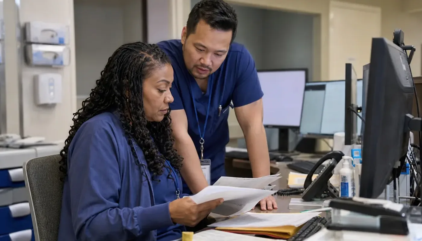 Urgent care staff coordinating front desk and medical billing workflow