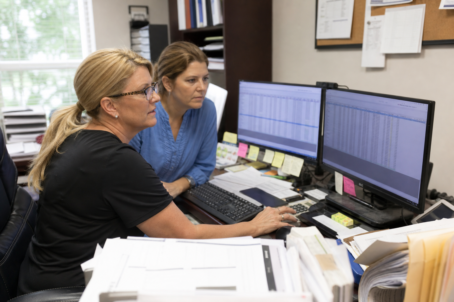 Medical practice manager and billing specialist reviewing an accounts receivable cleanup report