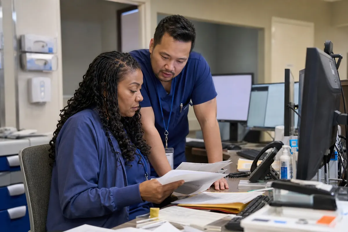 Cardiology administrator and billing specialist coordinating diagnostic test documentation