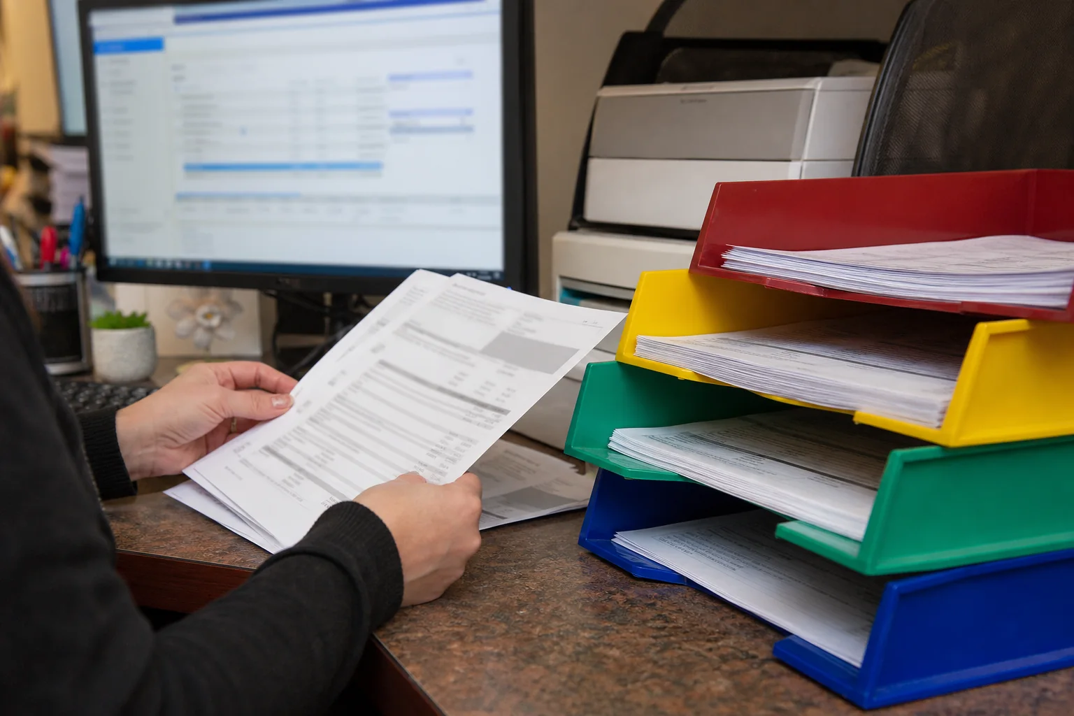 Medical billing team reviewing denial work queues and claim documentation in a real clinic office