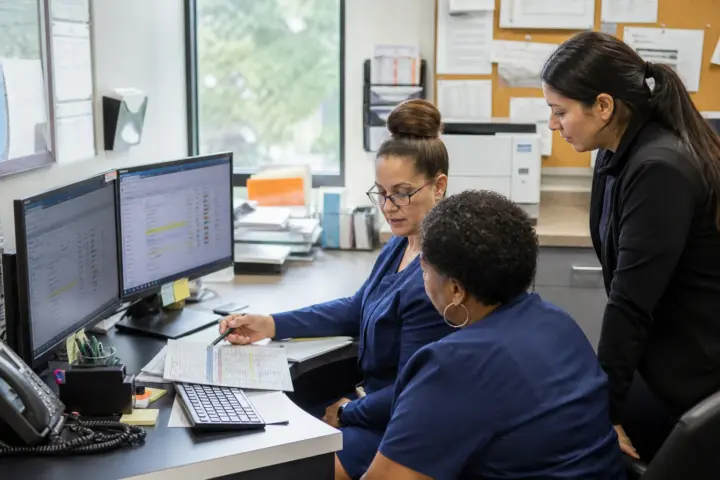 Medical billing specialists reviewing claim denials