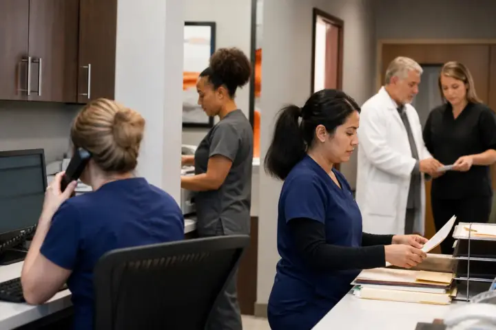 Dermatology practice staff coordinating clinical and billing work