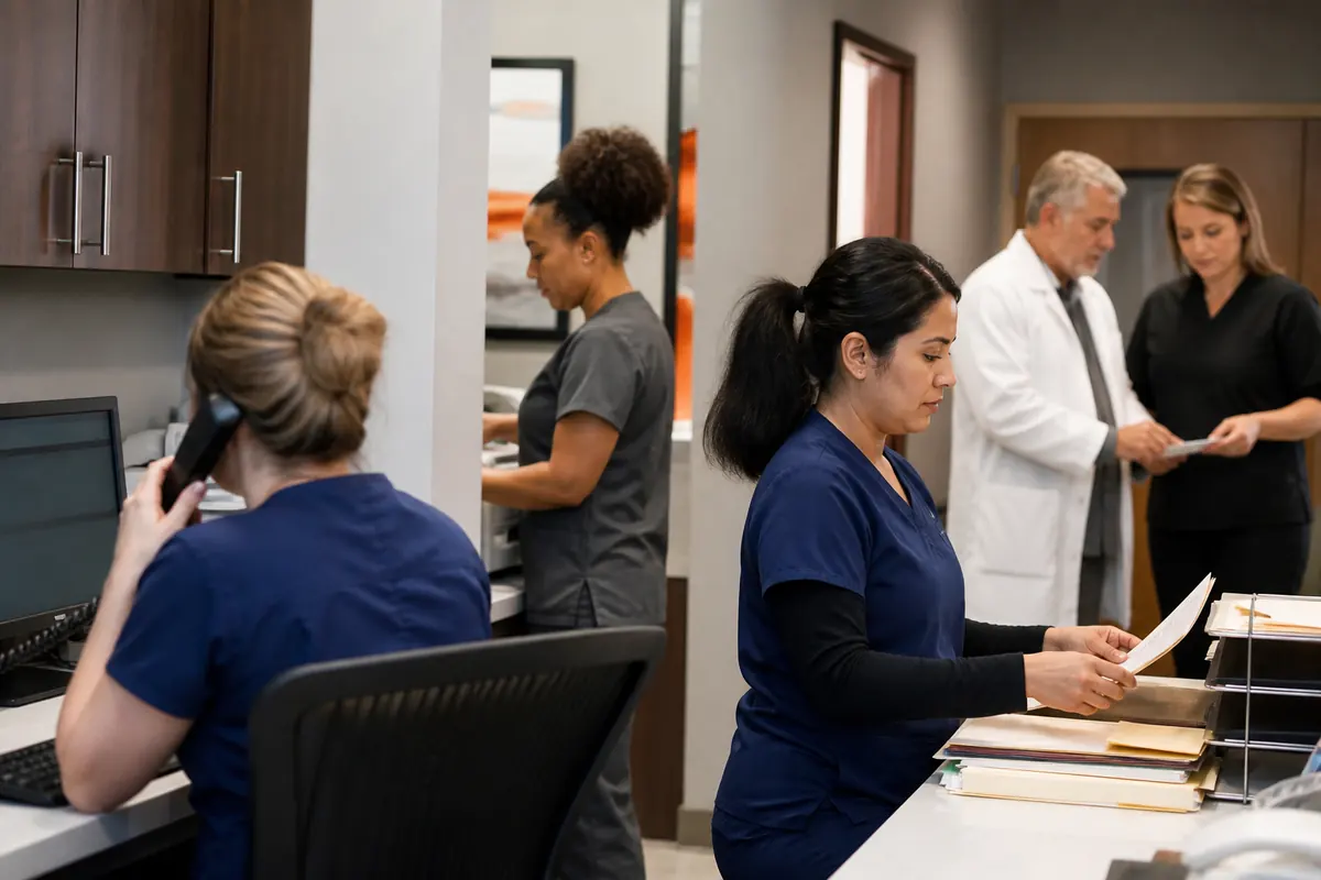 Dermatology practice staff coordinating clinical and billing work
