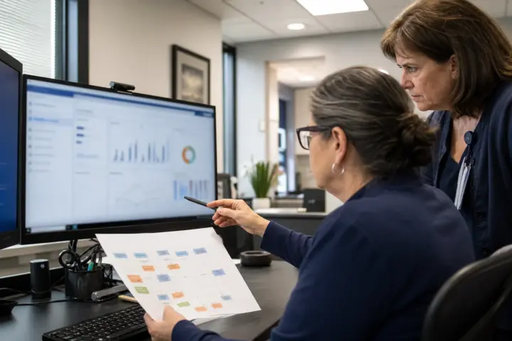 Revenue-cycle analysts reviewing first-pass resolution performance