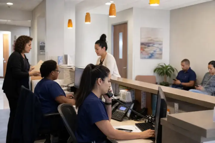 Medical front desk team verifying insurance and authorization information
