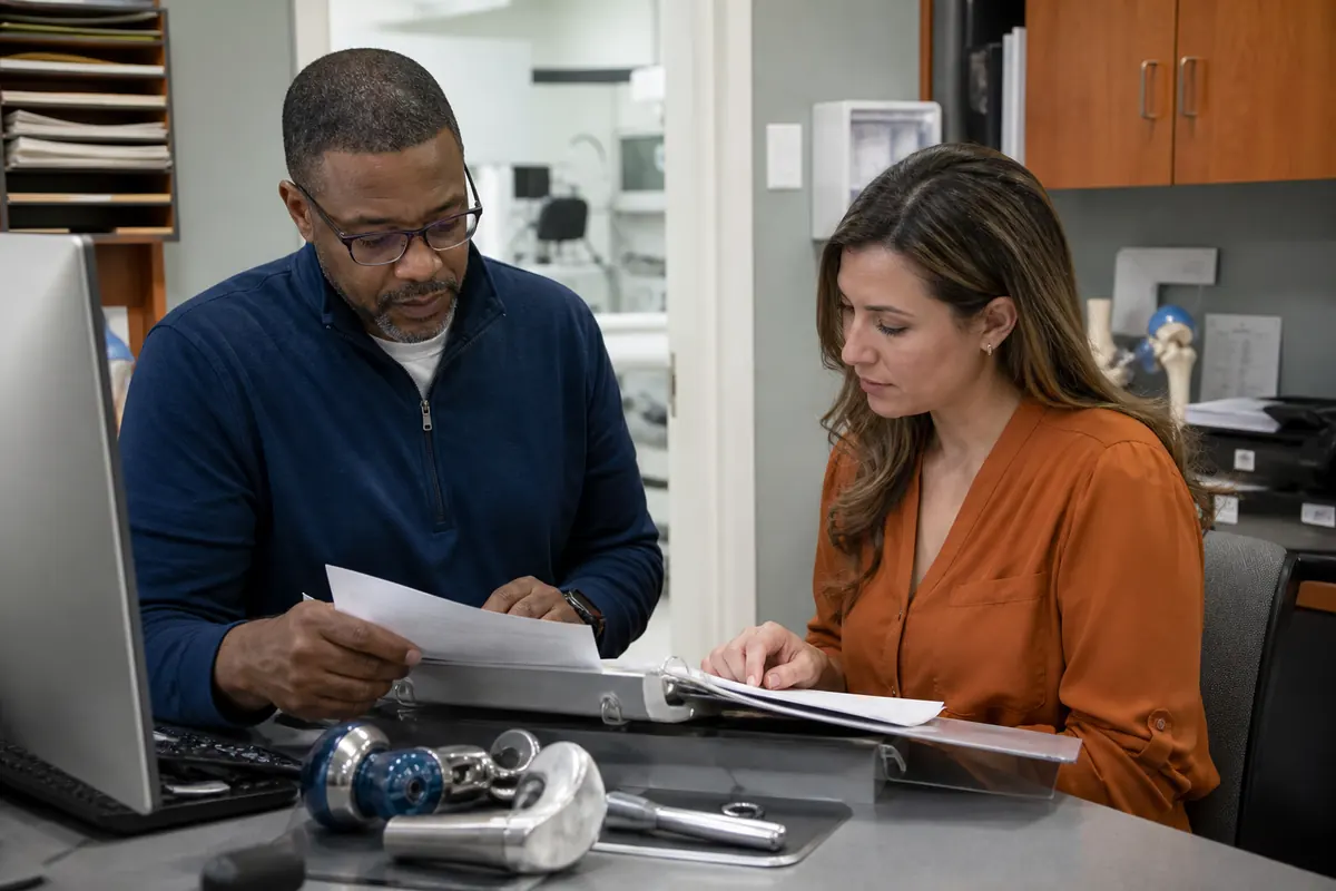 Orthopedic practice staff reconciling procedure documentation and equipment records