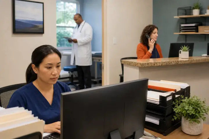 Independent medical practice staff coordinating front-office and billing work