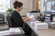 Clinic staff preparing statement envelopes at a billing desk