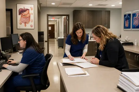 Gastroenterology practice staff managing patient and billing workflows