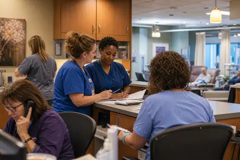 Oncology practice staff managing patient and billing workflows