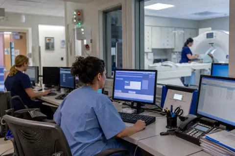 Radiology practice staff managing patient and billing workflows